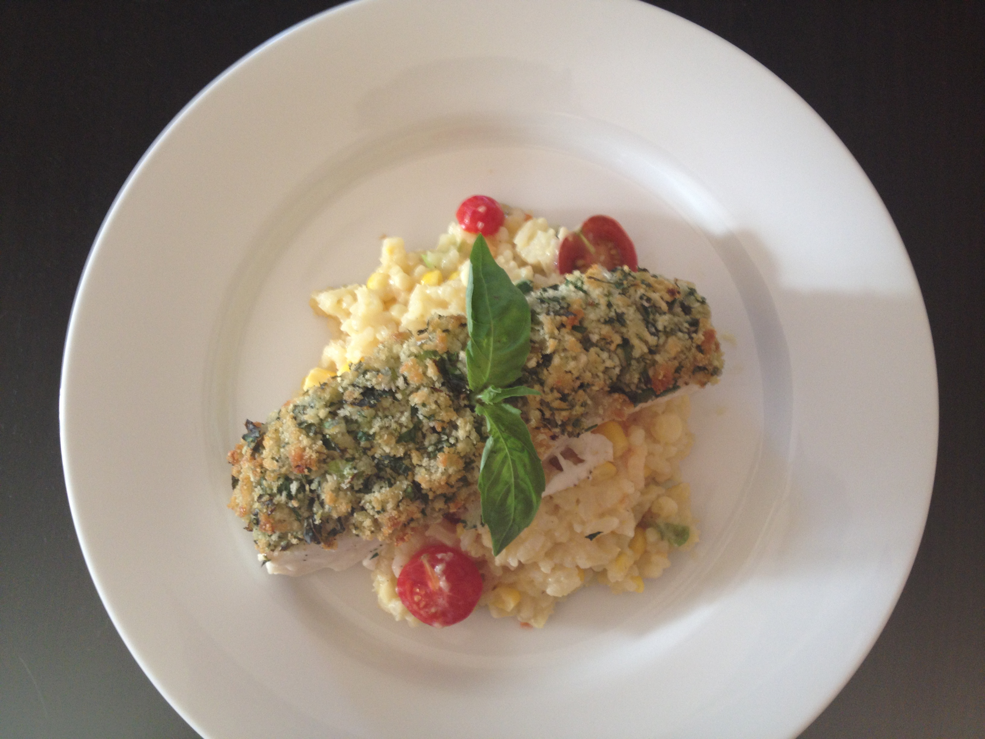 Herb Crusted Halibut on Summer Vegetable Risotto